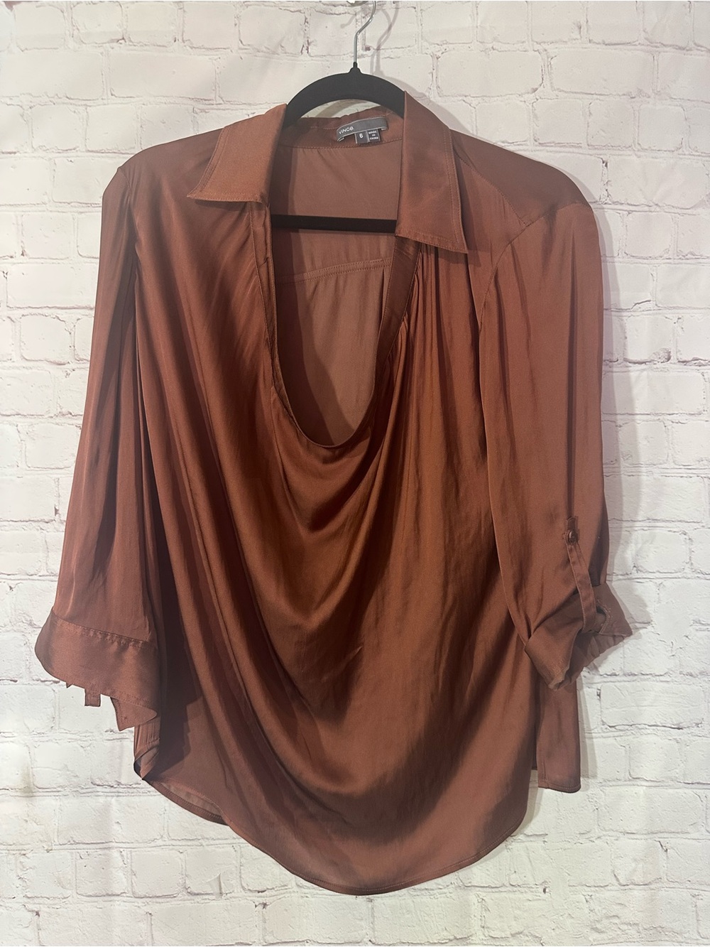 Vince Size 6 Rust Satin Cowl Neck Blouse Draped Roll Tab Sleeve